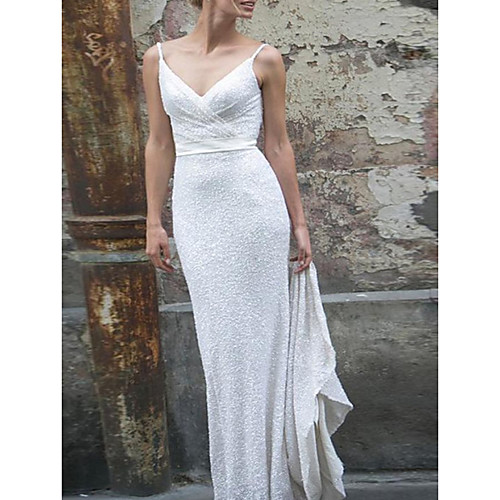 

Mermaid / Trumpet Wedding Dresses V Neck Spaghetti Strap Sweep / Brush Train Satin Sequined Sleeveless Simple Backless with Sashes / Ribbons Bow(s) Ruched 2021