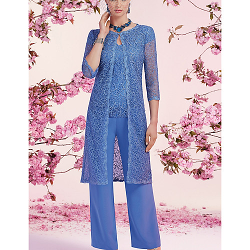 

Jumpsuits Mother of the Bride Dress Elegant V Neck Floor Length Chiffon Lace 3/4 Length Sleeve with Sequin 2021