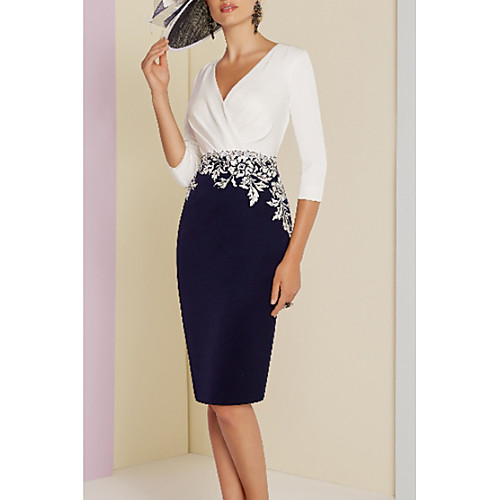 

Sheath / Column Mother of the Bride Dress Plus Size V Neck Knee Length Charmeuse 3/4 Length Sleeve with Crystals Embroidery 2020