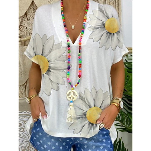 

Women's Tops Floral T-shirt V Neck Daily Summer White S M L XL 2XL 3XL