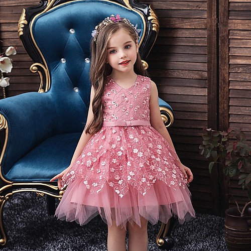 

Princess / Ball Gown Mini Wedding / Party Flower Girl Dresses - Tulle Sleeveless V Neck with Sash / Ribbon / Bow(s) / Appliques