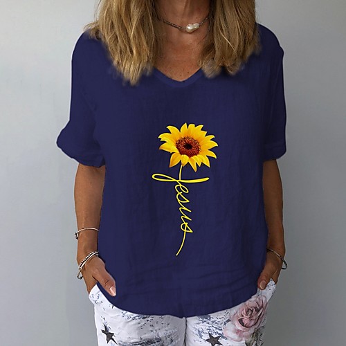 

Women's Tops Floral T-shirt V Neck Daily Summer White Yellow Navy Blue Gray Light Blue S M L XL 2XL 3XL