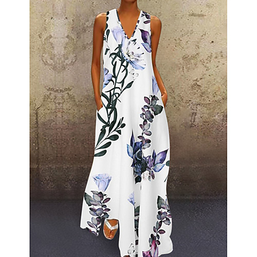 

Women's Maxi long Dress - Sleeveless Floral Print Summer V Neck Casual Holiday Vacation Loose 2020 White Blue Yellow S M L XL XXL XXXL XXXXL XXXXXL / Plus Size