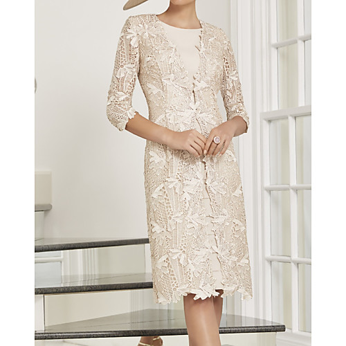 

Two Piece Sheath / Column Mother of the Bride Dress Elegant Jewel Neck Knee Length Lace 3/4 Length Sleeve with Appliques Cascading Ruffles 2020