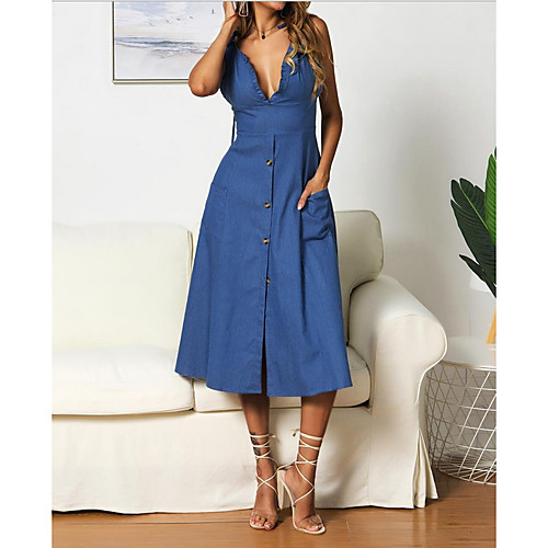 

Women's Strap Dress Knee Length Dress Blue Sleeveless Solid Color Summer Strapless Casual Sexy 2021 S M L XL