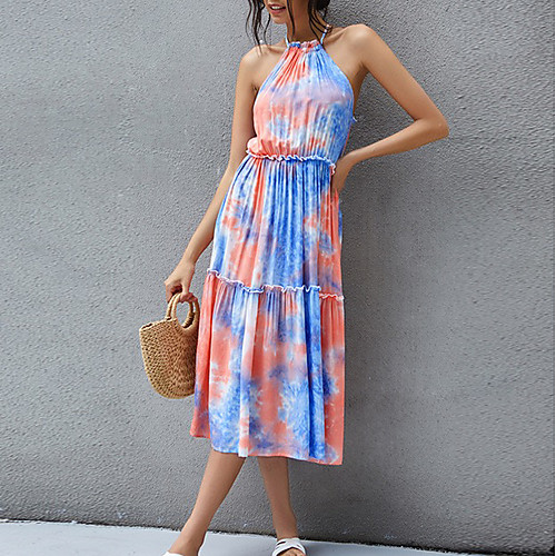 

Women's A Line Dress Midi Dress Blue Sleeveless Tie Dye Summer Round Neck Casual 2021 S M L XL