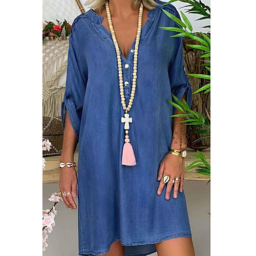 

Women's Shirt Dress Knee Length Dress - 3/4 Length Sleeve Solid Color Summer V Neck Work 2020 Blue S M L XL / Denim