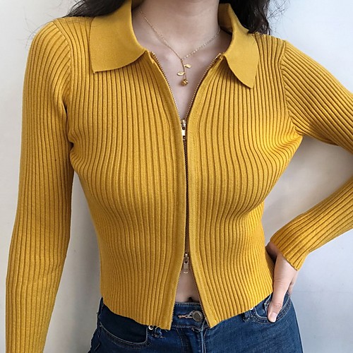 

Women's Solid Colored Long Sleeve Cardigan Sweater Jumper, Shirt Collar Blue / Yellow One-Size