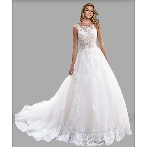 

A-Line Wedding Dresses Jewel Neck Court Train Lace Tulle Sleeveless Formal Sexy See-Through with Embroidery 2020