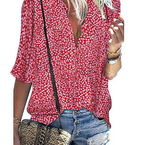 

Women's Blouse Shirt Geometric V Neck Tops Basic Top Purple Red
