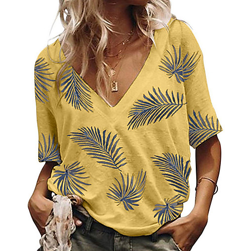 

Women's Tops Graphic T-shirt V Neck Daily Summer White Blue Yellow Blushing Pink S M L XL