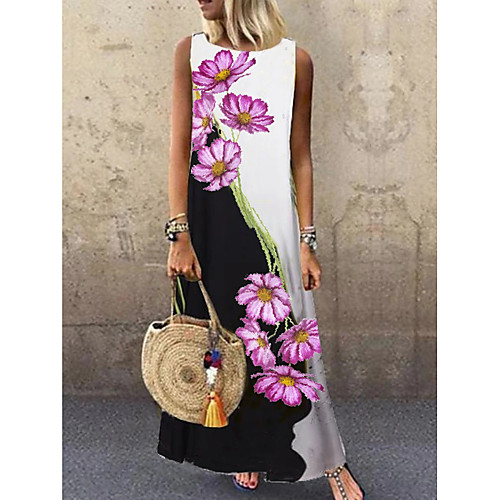 

Women's Shift Dress Maxi long Dress - Sleeveless Floral Print Summer Casual Daily 2020 Black M L XL XXL XXXL