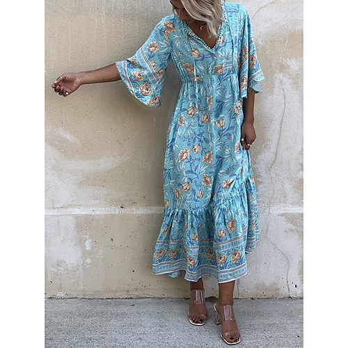 

Women's A-Line Dress Maxi long Dress - Half Sleeve Print Summer Casual Mumu 2020 Light Blue S M L XL