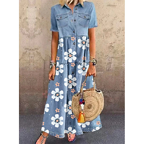 

Women's Denim Shirt Dress Maxi long Dress Blue Short Sleeve Floral Pocket Summer Shirt Collar Casual 2021 M L XL XXL 3XL