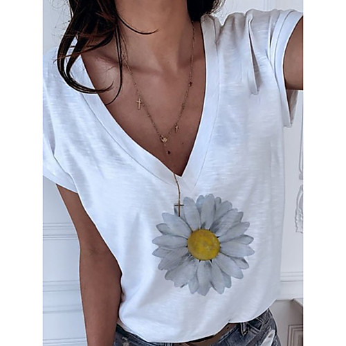 

Women's Tops Floral T-shirt V Neck Daily Summer White S M L XL 2XL 3XL