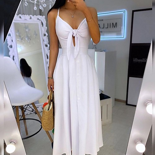 

Women's A-Line Dress Midi Dress - Sleeveless Solid Color Summer Casual 2020 White Black Blushing Pink S M L XL