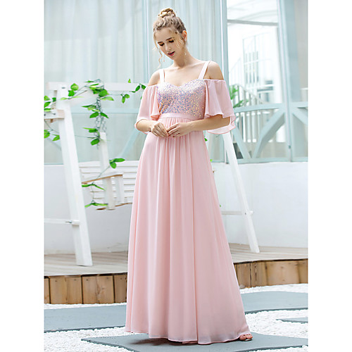 

A-Line Straps Floor Length Chiffon / Sequined Bridesmaid Dress with Sequin