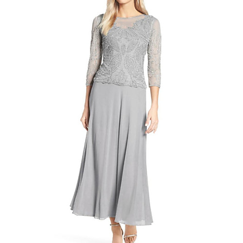 

Sheath / Column Mother of the Bride Dress Elegant Jewel Neck Ankle Length Chiffon Lace 3/4 Length Sleeve with Pleats Embroidery 2020