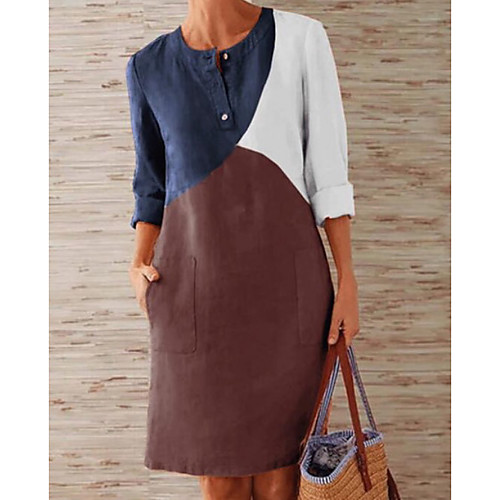 

Women's Shift Dress Knee Length Dress - Long Sleeve Color Block Summer Casual 2020 Rainbow S M L XL XXL XXXL