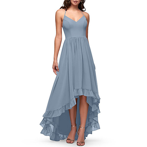 

A-Line Halter Neck Asymmetrical Chiffon / Lace Bridesmaid Dress with Embroidery