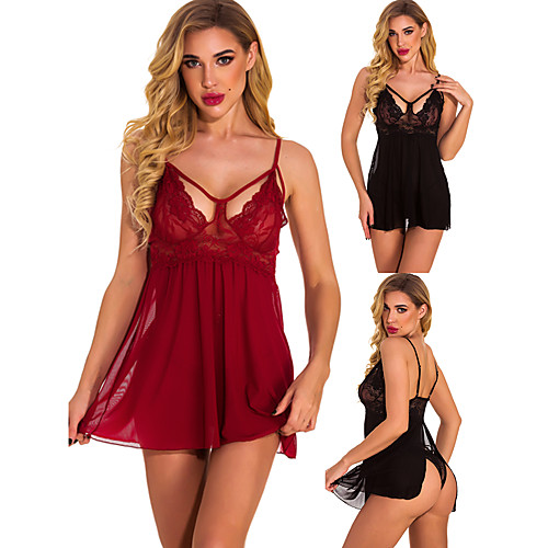 

Women's Lace Backless Suits Nightwear Solid Colored Wine / Black S M L