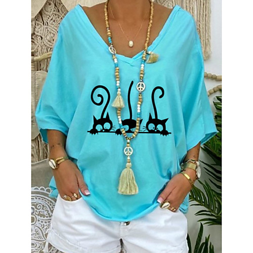 

Women's Tops Graphic T-shirt V Neck Daily Summer Blue S M L XL 2XL 3XL