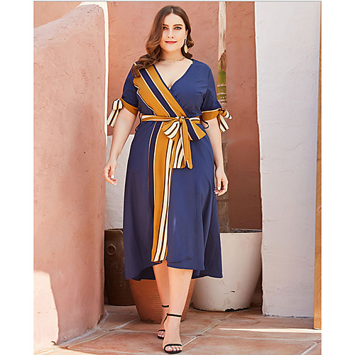 

Women's Plus Size A-Line Dress Midi Dress - Short Sleeves Color Block Summer V Neck Casual 2020 Blue XL XXL XXXL XXXXL