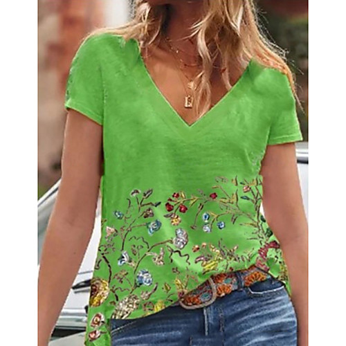 

Women's T shirt Floral Flower Printing V Neck Tops Basic Top Blue Yellow Green