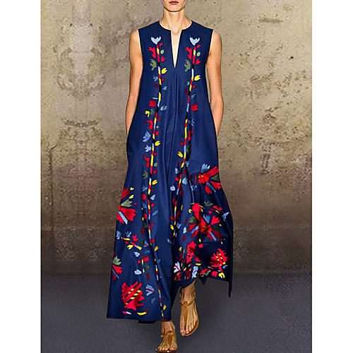 

Women's Shift Dress Maxi long Dress Blue Sleeveless Floral Summer V Neck Elegant 2021 S M L XL XXL 3XL