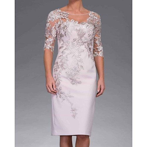 

Sheath / Column Mother of the Bride Dress Elegant Jewel Neck Knee Length Lace Satin Half Sleeve with Appliques 2020