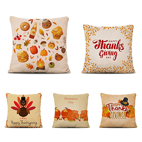 

Set of 5 Thanksgiving Linen Square Decorative Throw Pillow Cases Sofa Cushion Covers