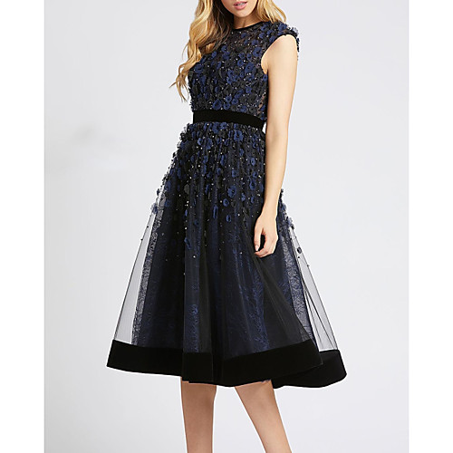 

A-Line Elegant Floral Engagement Cocktail Party Dress Jewel Neck Sleeveless Tea Length Tulle with Appliques 2020