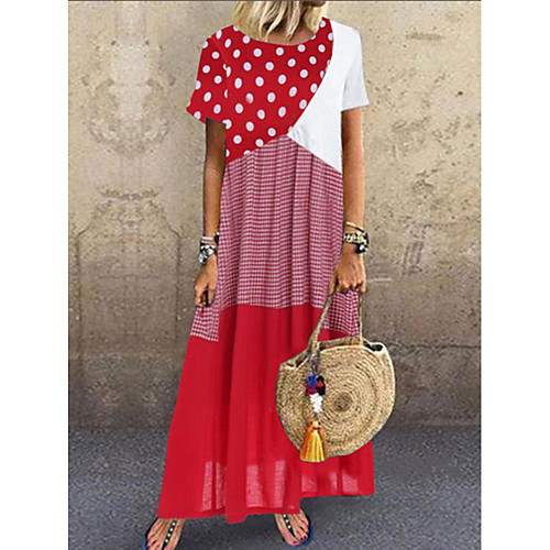 

Women's Maxi long Dress - Short Sleeves Polka Dot Print Summer Casual Vacation Loose 2020 Blue Red Yellow Red Combo S M L XL XXL XXXL