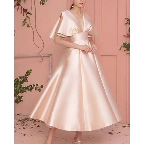 

A-Line Mother of the Bride Dress Elegant V Neck Ankle Length Satin Sleeveless with Sash / Ribbon 2021