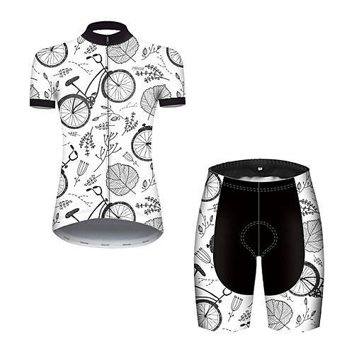 

21Grams Women's Short Sleeve Cycling Jersey with Shorts Nylon Polyester GrayWhite Leaf Floral Botanical Bike Clothing Suit Breathable 3D Pad Quick Dry Ultraviolet Resistant Reflective Strips Sports