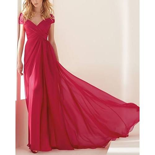 

Sheath / Column Minimalist Elegant Engagement Formal Evening Dress V Neck Short Sleeve Sweep / Brush Train Chiffon with Draping 2021