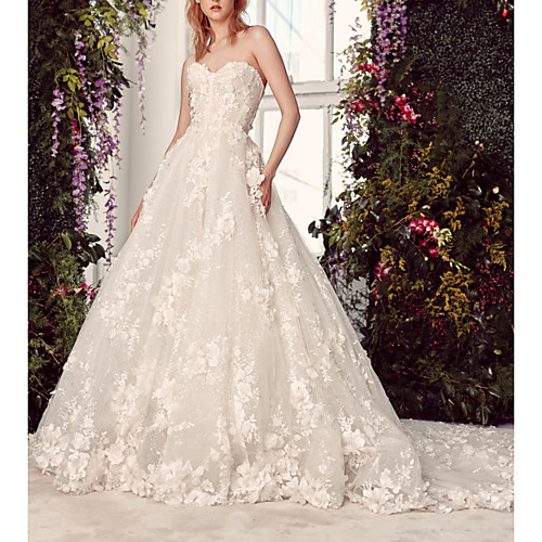

Ball Gown Wedding Dresses Strapless Sweep / Brush Train Lace Tulle Sleeveless Formal with Appliques 2020