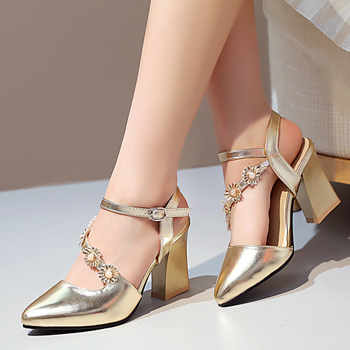 

Women's Sandals 2020 Summer / Fall Block Heel Pointed Toe Minimalism Party & Evening Office & Career Pearl / Buckle Solid Colored PU Gold / Silver