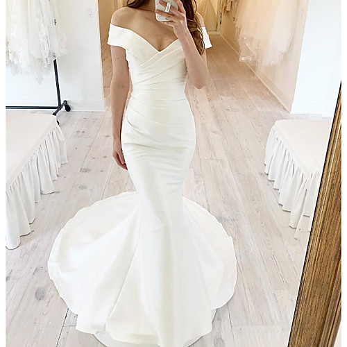 

Mermaid / Trumpet Wedding Dresses Off Shoulder Sweep / Brush Train Chiffon Over Satin Short Sleeve Simple with Ruched 2021