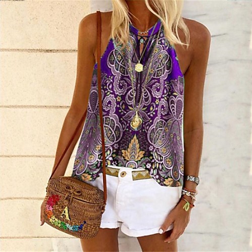 

Women's Tank Top Graphic Tops Round Neck Daily Summer Purple Yellow Green Navy Blue S M L XL 2XL