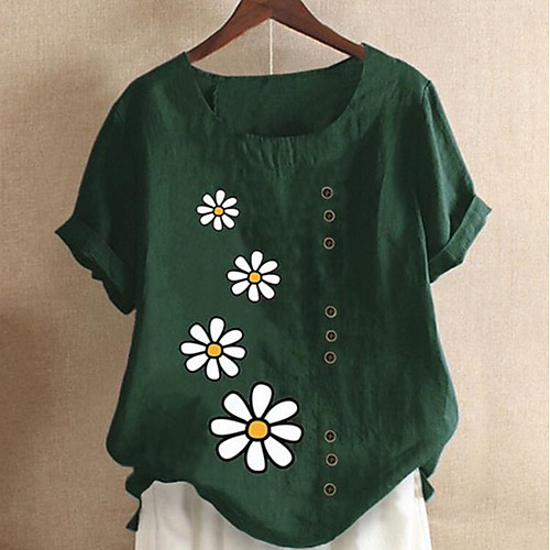 

Women's Blouse Graphic Tops Round Neck Loose Cotton Daily Summer Blue Green Light Blue M L XL 2XL 3XL 4XL 5XL