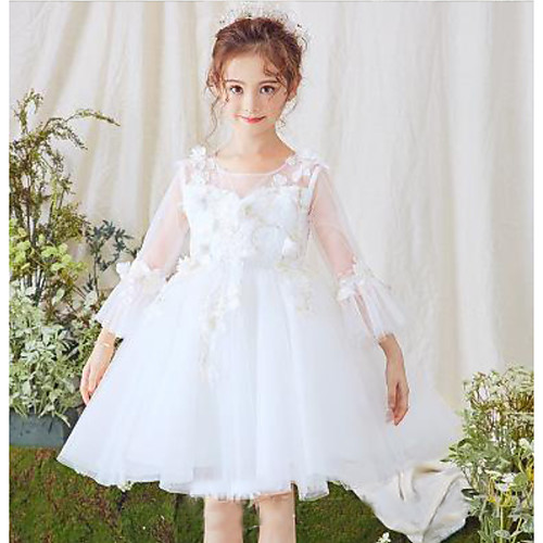 

Princess / A-Line Floor Length Wedding / Party Flower Girl Dresses - Tulle 3/4 Length Sleeve V Neck with Appliques / Solid