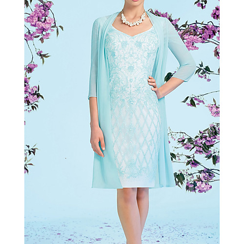 

Two Piece Sheath / Column Mother of the Bride Dress Elegant V Neck Knee Length Chiffon Lace 3/4 Length Sleeve with Beading 2020