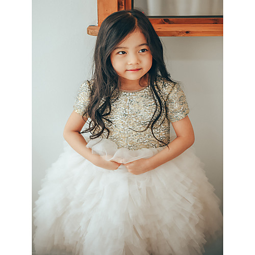 

Ball Gown Ankle Length Wedding / Birthday / Pageant Flower Girl Dresses - Tulle / Sequined Short Sleeve Jewel Neck with Paillette