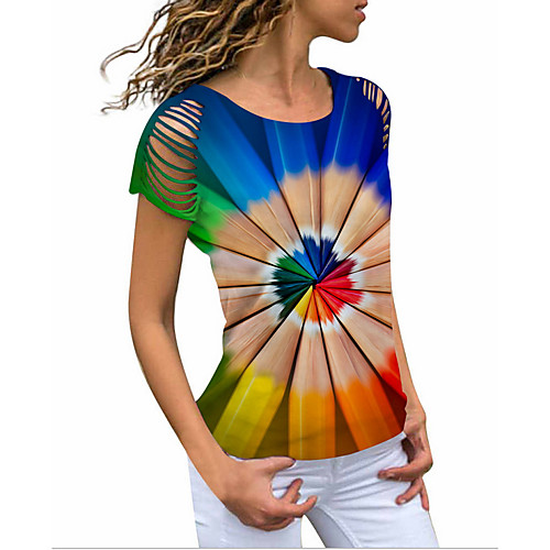 

Women's T-shirt Tie Dye Tops Round Neck Daily Summer Wine Light Brown Blue S M L XL 2XL 3XL