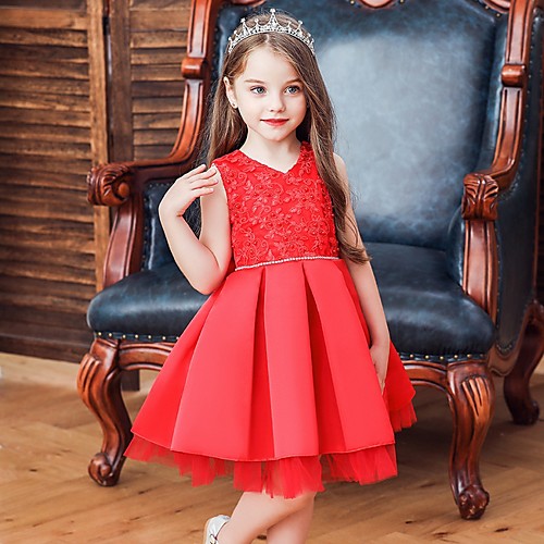 

Princess / Ball Gown Knee Length Wedding / Party Flower Girl Dresses - Tulle Sleeveless V Neck with Sash / Ribbon / Bow(s) / Appliques