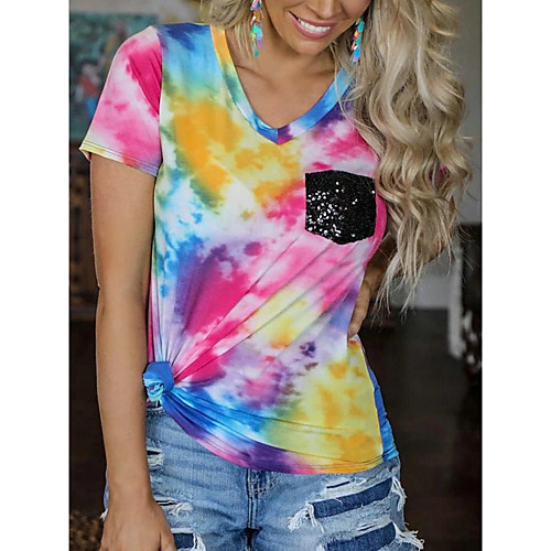 

Women's Tops Tie Dye T-shirt - Print V Neck Basic Daily Summer Rainbow S M L XL