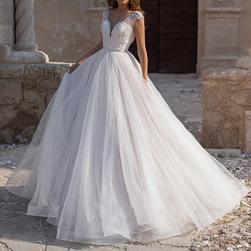 

Ball Gown A-Line Wedding Dresses V Neck Sweep / Brush Train Lace Tulle Cap Sleeve Country Sexy with Beading Appliques 2020