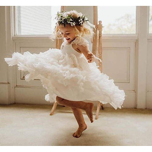 

Ball Gown Knee Length Wedding / Party Flower Girl Dresses - Chiffon Sleeveless Scoop Neck with Pleats / Tier / Solid