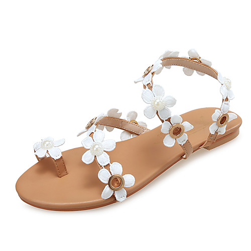

Women's Sandals Summer Flat Heel Open Toe Sweet Daily Beach Satin Flower Solid Colored PU White / Brown